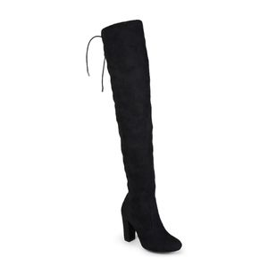 Suede thigh high block heel boot